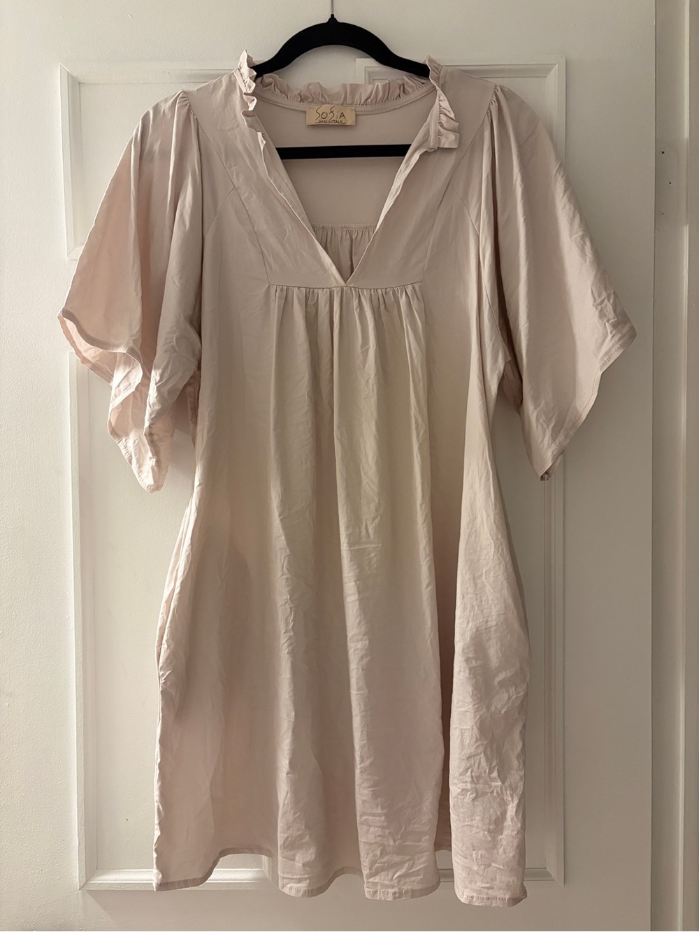 Sofia Made in Italy Lightweight Cream Midi Dress with Ruffle V-Neck & Pockets